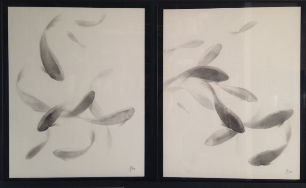 « La danse des poissons » encre de chine sur papier  <br /> marouflée sur carton, dyptique, 2 x 61-74 cm (cadres compris)